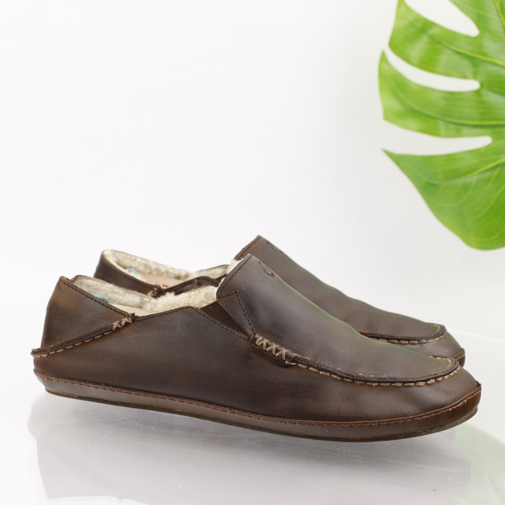 Olukai Mens Moloa Slipper Shoes Size 8 Brown Leather Shearling Loafers Slip On